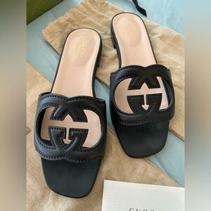 Black Gucci Interlocking G Flat Sandals